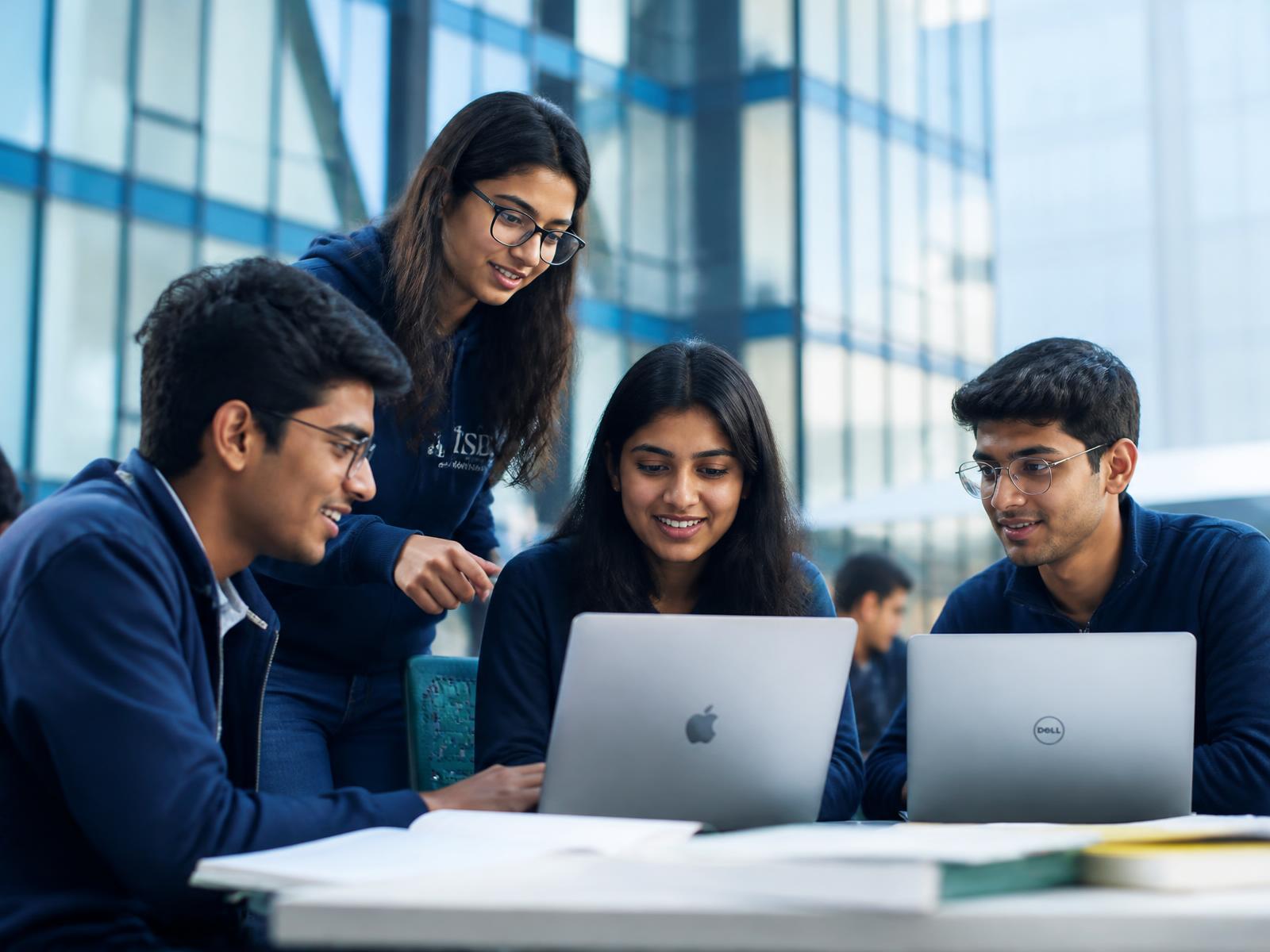 Students collaborating on laptops in a modern Bachelor of Nirvana campus space